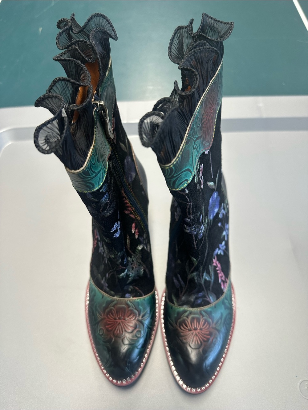 artis Black Embossed Floral Ankle Boots with Teal and Pink Accents